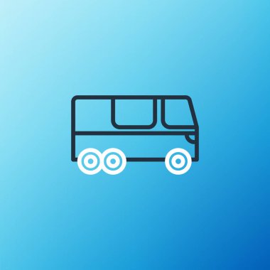 Satır Otobüs simgesi mavi arkaplanda izole edildi. Ulaşım konsepti. Otobüs turu nakliyesi. Turizm ya da kamu aracı sembolü. Renkli taslak konsepti. Vektör
