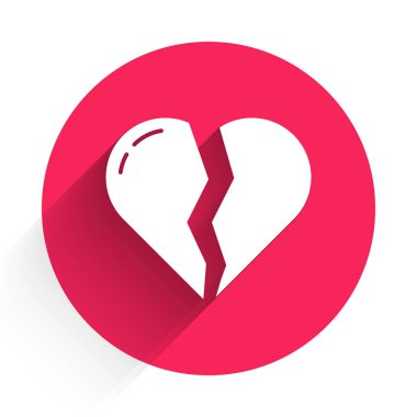 Kırık bir kalp ya da uzun gölgeli bir boşanma ikonu. Aşk sembolü. Sevgililer Günü. Kırmızı daire düğmesi. Vektör.