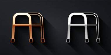 Siyah arka planda izole edilmiş engelli kişi simgesi için Altın ve Gümüş Yürütücü. Uzun gölge tarzı. Vektör.