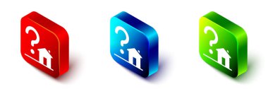 Isometric House with question mark icon isolated on white background. Housing problems, questions. Red, blue and green square button. Vector