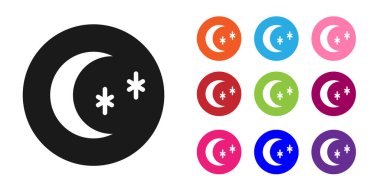 Siyah Ay ve yıldız simgesi beyaz arkaplanda izole edildi. Bulutlu gece işareti. Uyku rüyalarının sembolü. Dolunay. Gece ya da yatak zamanı tabelası. Simgeleri renklendirin. Vektör