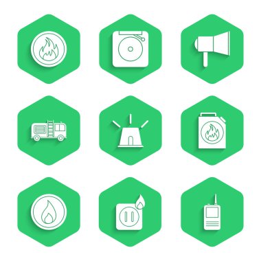 Set Flasher siren, Electric wiring of socket in fire, Walkie talkie, Canister for flammable liquids, Fire flame, truck, Megaphone and  icon. Vector