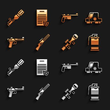Set Hunting gun, Collimator sight, Hand smoke grenade, Sniper optical, Desert eagle, Mauser, Anti-tank hand and Firearms license certificate icon. Vector