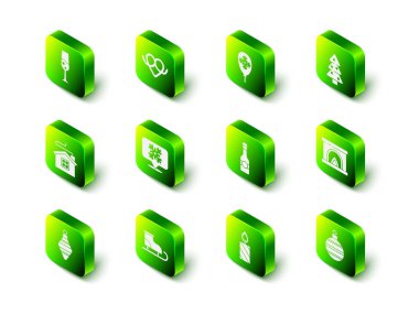 Set Pretzel, Balloons with snowflake, Christmas tree, Interior fireplace, ball, Champagne bottle, Burning candle and Figure skates icon. Vector