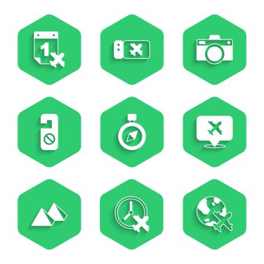 Set Compass, Clock with airplane, Globe flying, Speech bubble, Egypt pyramids, Please do not disturb, Photo camera and Calendar and icon. Vector