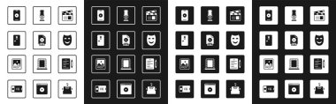 Set Movie clapper, FLV file document, Backstage, Online play video, Comedy theatrical mask, Microphone, Scenario and Photo frame icon. Vector