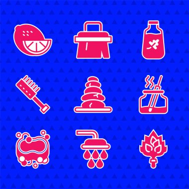 Set Stack hot stones, Shower, Sauna broom, Aroma diffuser, Bar of soap, brush, Essential oil bottle and Lemon icon. Vector