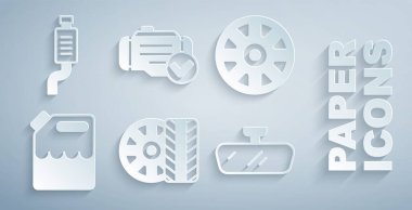 Set Car tire wheel, Alloy for car, Canister gasoline, mirror, Check engine and muffler icon. Vector