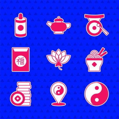 Set Lotus flower, Yin Yang symbol, Asian noodles bowl, Chinese Yuan currency, New Year, Gong musical instrument and Firework icon. Vector