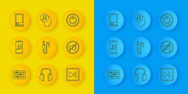 Set line Sound mixer controller, Music player, Audio jack, Fast forward, Speaker mute, Voice assistant, Power button and Musical note in human head icon. Vector