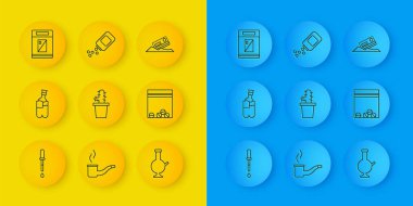 Set line Pipette, Bong for smoking marijuana, Cactus peyote pot, Glass bong, Plastic bag of drug, Cigarettes pack box, Cocaine and credit card and Medicine bottle pills icon. Vector