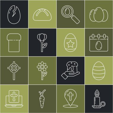 Set line Burning candle in candlestick, Easter egg, Calendar with, Search easter, Flower tulip, cake, Broken and  icon. Vector