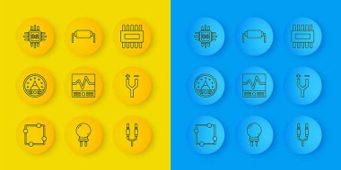 Set line Electric circuit scheme, Ampere meter, multimeter, voltmeter, Electrical measuring instruments, Audio jack, cable, Processor with microcircuits CPU,  and Resistor electricity icon. Vector