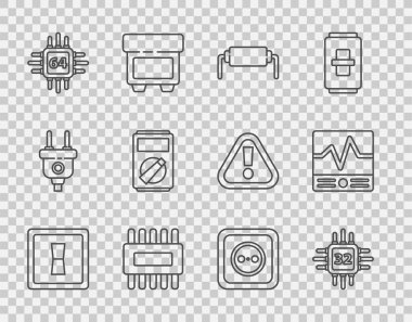 Set line Electric light switch, Processor with microcircuits CPU, Resistor electricity, Multimeter, Electrical outlet and measuring instruments icon. Vector