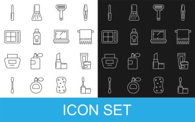 Set line Mascara brush, Cream or lotion cosmetic tube, Towel hanger, Shaving razor, Bottle of shampoo, Eye shadow palette, Nail file and Makeup powder with mirror icon. Vector