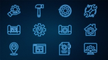 Set line Computer monitor and gear, House with, Gear arrows as workflow, Wrench spanner, plan, Settings in the hand, Graphing paper and Hammer icon. Vector
