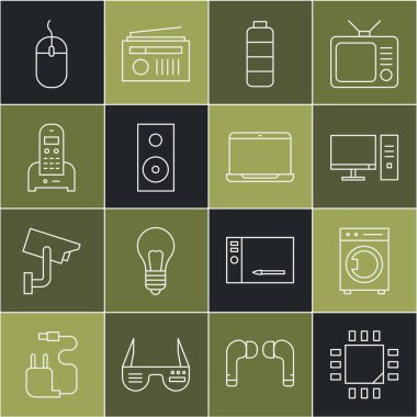 Set line Processor with microcircuits CPU, Washer, Computer monitor, Battery charge level indicator, Stereo speaker, Telephone, mouse and Laptop icon. Vector