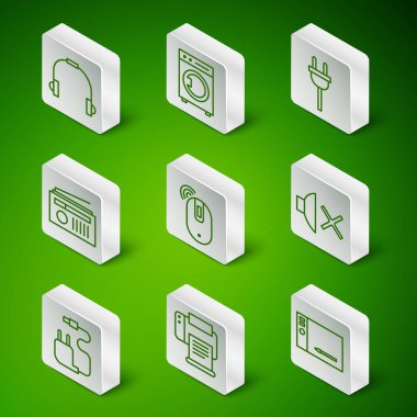 Set line Graphic tablet, Printer, Headphones, Wireless computer mouse, Radio with antenna, Washer, Charger and Speaker mute icon. Vector