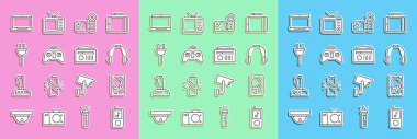 Set line Music player, Hard disk drive HDD, Headphones, Cinema camera, Wireless gamepad, Electric plug, Laptop and Radio with antenna icon. Vector