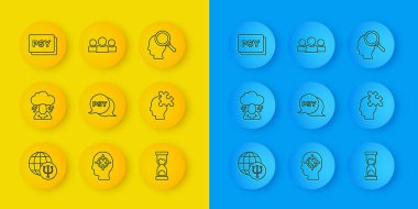 Set line Psychology, Psi, Depression, Old hourglass, Solution to the problem, Finding and Users group icon. Vector