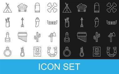 Set line Horseshoe, Tomahawk axe, Kayak canoe and paddle, Bullet, Crossed arrows, Quiver with, Indian teepee wigwam and Tooth icon. Vector