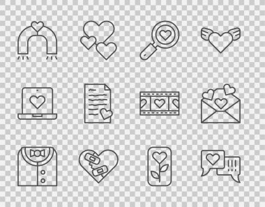 Set line Suit, Heart in speech bubble, Search heart and love, Healed broken, Love magnet, Envelope with Valentine, Flower rose and  icon. Vector
