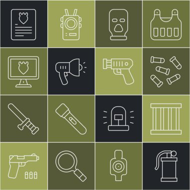 Set line Hand smoke grenade, Prison window, Bullet, Balaclava, Police megaphone, database, The arrest warrant and electric shocker icon. Vector