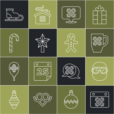 Set line Calendar, Ski goggles, Coffee cup with snowflake, Snowflake speech bubble, Christmas star, candy cane, Figure skates and Holiday gingerbread man cookie icon. Vector