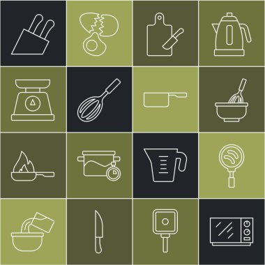 Set line Microwave oven, Frying pan, Kitchen whisk with bowl, Cutting board and knife, Scales, Knife and Saucepan icon. Vector