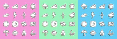 Set line Sunset, Weather forecast, Cloud with snow and sun, Rainbow clouds, Lightning bolt, weather,  and Wind turbine icon. Vector