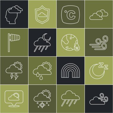 Set line Windy weather, Time to sleep, Celsius, Cloud with rain and moon, Cone windsock wind vane, Man having headache and Water drop percentage icon. Vector