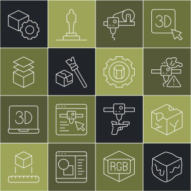 Set line Isometric cube, 3D printer warning, Layers,  and setting icon. Vector