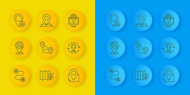 Set line Route location, Location with house, Folded map marker, Map pin, Monitor and  icon. Vector