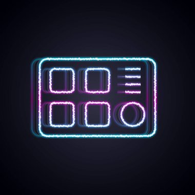 Parlayan neon hattı Drum makinesi simgesi siyah arkaplanda izole edildi. Müzik aletleri. Vektör.