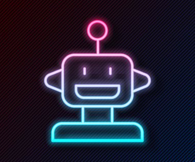 Parlayan neon hattı robot oyuncak ikonu siyah arka planda izole edildi. Vektör