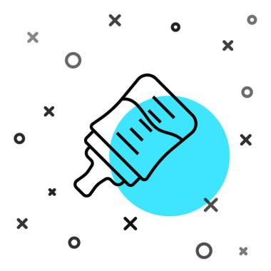 Siyah çizgi bebek şişesi simgesi beyaz arkaplanda izole edilmiş. Beslenme şişesi simgesi. Süt şişesi tabelası. Rastgele dinamik şekiller. Vektör