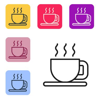 Black line Cup of tea icon isolated on white background. Set icons in color square buttons. Vector