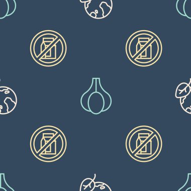 Set line Earth globe and leaf, No pack of milk and Garlic on seamless pattern. Vector