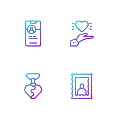 Set line Picture frame, Necklace with heart shaped, Dating app online and Pleasant relationship. Gradient color icons. Vector