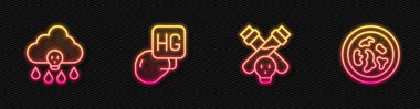 Set line Bottle with potion, Acid rain, Drop of mercury and Petri dish bacteria. Glowing neon icon. Vector