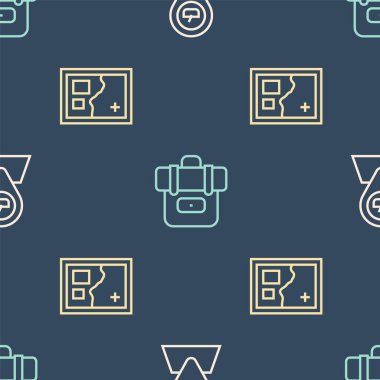 Set line Picnic location, Folded map and Hiking backpack on seamless pattern. Vector