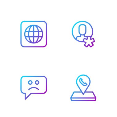 Set line Call center location, Sad smile, Worldwide and Elected employee. Gradient color icons. Vector