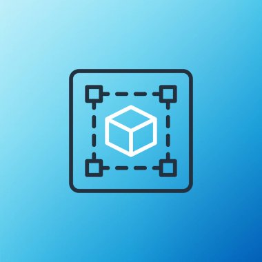 Satır Geometrik şekil küp simgesi mavi arkaplanda izole edildi. Soyut şekil. Geometrik süs. Renkli taslak konsepti. Vektör