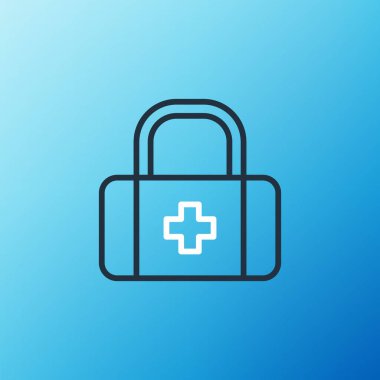 İlk yardım çantası simgesi mavi arkaplanda izole edildi. Haçlı sağlık kutusu. Acil durumlar için tıbbi ekipman. Sağlık sigortası konsepti. Renkli taslak konsepti. Vektör