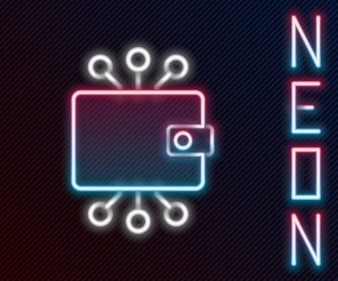 Parlayan neon hattı Kripto para birimi cüzdanı simgesi siyah arkaplanda izole edildi. Cüzdan ve bitcoin işareti. Maden konsepti. Para, ödeme, nakit, ödeme ikonu. Renkli taslak konsepti. Vektör