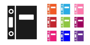 Beyaz arka planda yalıtılmış kağıtlar ve belgeler simgesi olan siyah ofis klasörleri. Ofis bağlayıcıları. Arşiv klasör işareti. Simgeler renkli ayarlayın. Vektör Illustration.