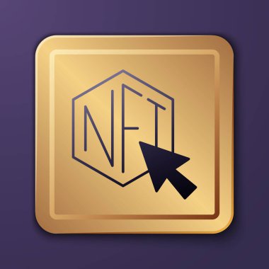 Mor NFT Dijital Şifreleme Sanatı simgesi mor arkaplanda izole edilmiş. Para iadesi olmayan jeton. Altın kare düğme. Vektör