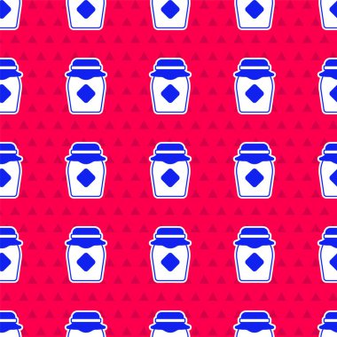 Kırmızı arkaplanda mavi kavanoz bal ikonu izole edilmiş. Yiyecek bankası. Tatlı doğal gıda sembolü. Vektör