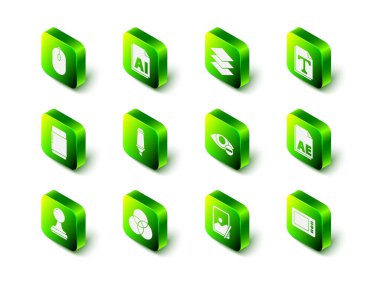 Set AI file document, Layers, Text, AE, Graphic tablet, Red eye effect,  and RGB and CMYK color mixing icon. Vector