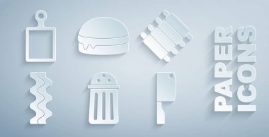 Set Salt, Grilled pork bbq ribs, Bacon stripe, Meat chopper, Burger and Cutting board icon. Vector